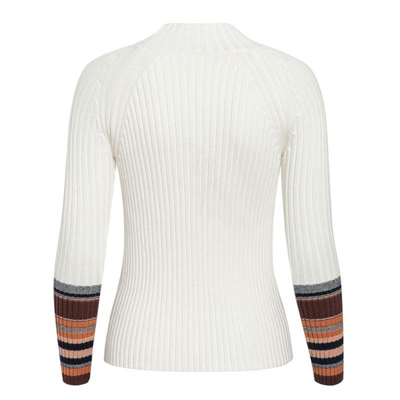 White Rib-Knit Crew Neck Sweater Striped Sleeves - Picture 6 of 8